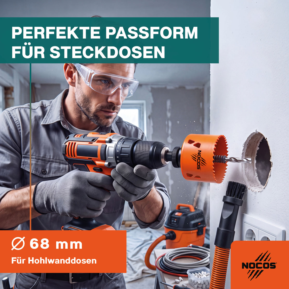 NOCOS Bi-Metall Lochsäge 68 mm HSSE Co 8 % - Profi-Qualität - ohne Halter - Für Holz, Rigips, Metall & Edelstahl | Easy-Plug-System | 48 mm Schnitttiefe | RadialCut Zähne für präzise Schnitte