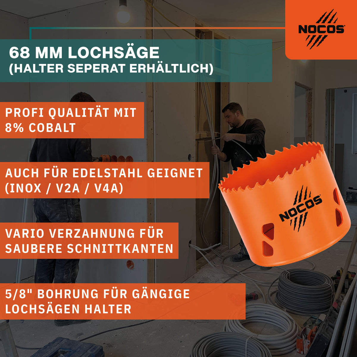 NOCOS Bi-Metall Lochsäge 68 mm HSSE Co 8 % - Profi-Qualität - ohne Halter - Für Holz, Rigips, Metall & Edelstahl | Easy-Plug-System | 48 mm Schnitttiefe | RadialCut Zähne für präzise Schnitte