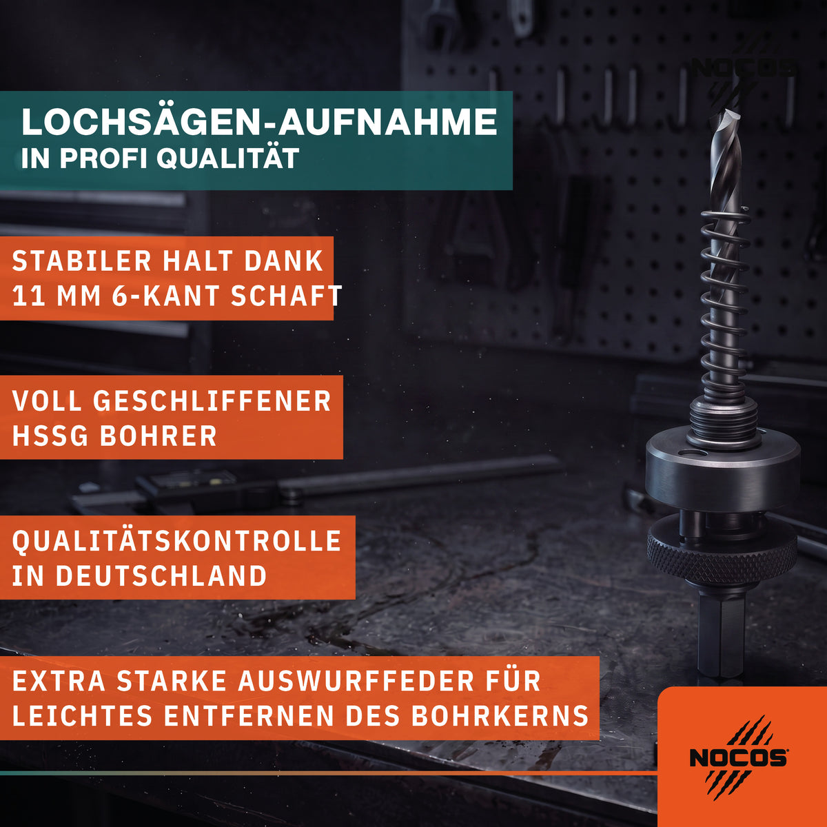 NOCOS Lochsägen-Aufnahme 5/8" mit Zentrierbohrer & Auswurffeder - 6-Kant-Aufnahme (11 mm) mit 112 mm HSSG Zentrierbohrer und starker Auswurffeder - Passend für Lochsägen Ø 32-152 mm